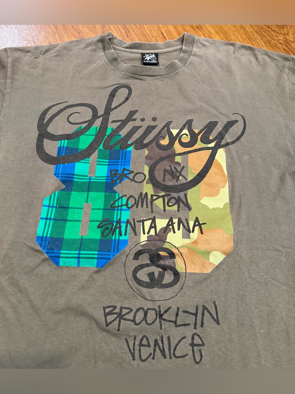 Vintage Stussy City Tee Camo 89 XL Skate Surf Brooklyn Venice Bronx Compton